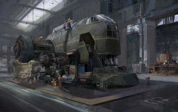 Futuristic aircraft being repaired in a hangar