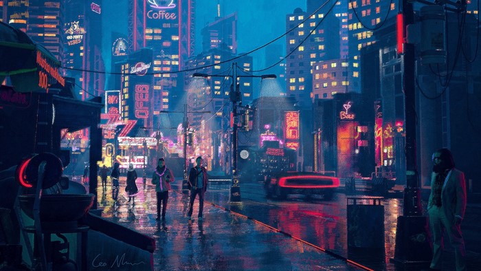 Cyberpunk city street at night with neon lights