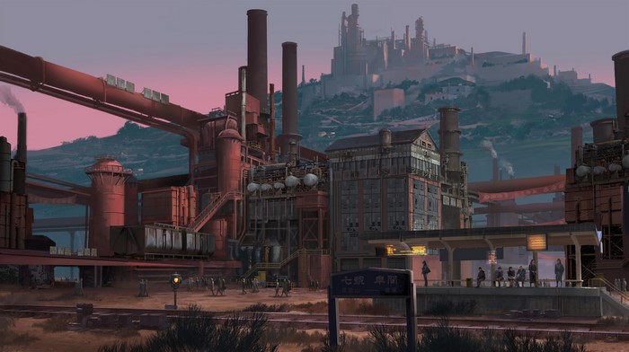 Industrial factory complex with a city on a hill