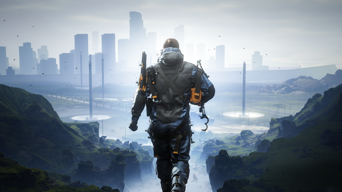 Sam Porter Bridges from Death Stranding in a futuristic city