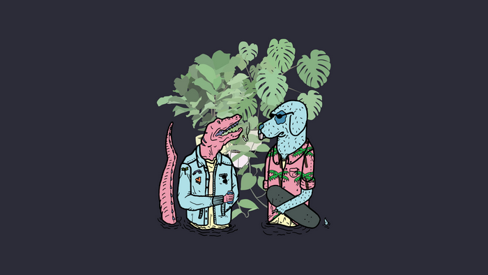 Anthropomorphic animals in a tropical setting