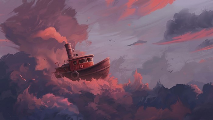 A tugboat sailing through clouds at sunset