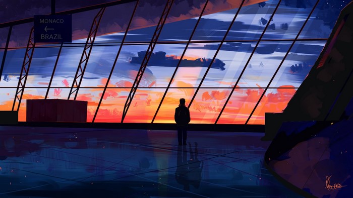 Digital painting of a person at an airport during sunset