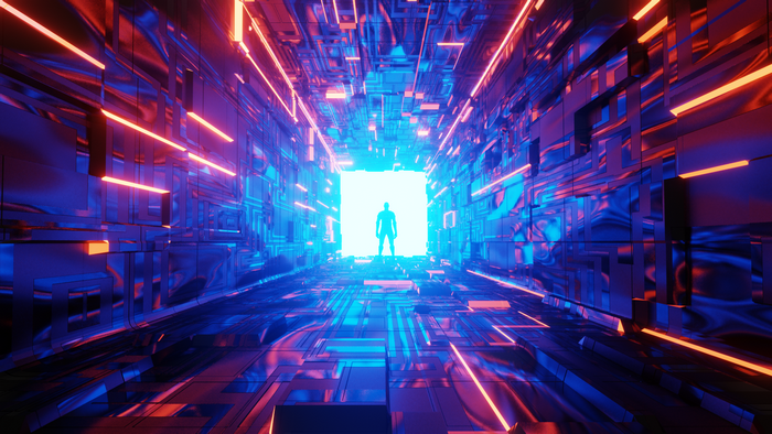Silhouette of a person in a futuristic digital corridor