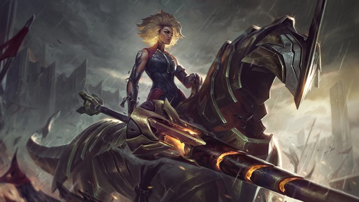 Rell from League of Legends on a mechanical steed