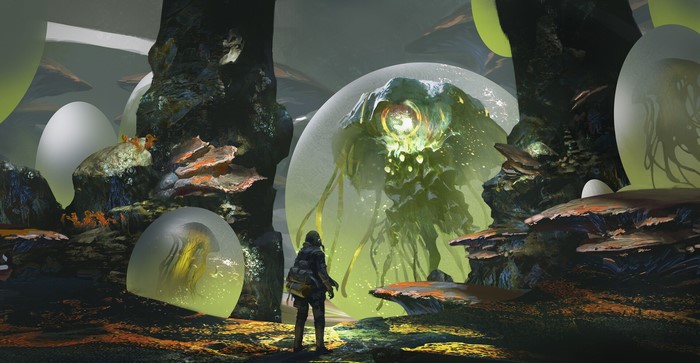 Artwork of a creature in a bubble with a person
