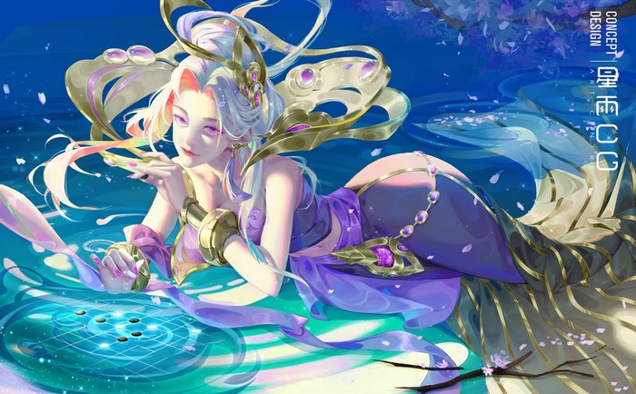 Fantasy girl with pink eyes playing Go