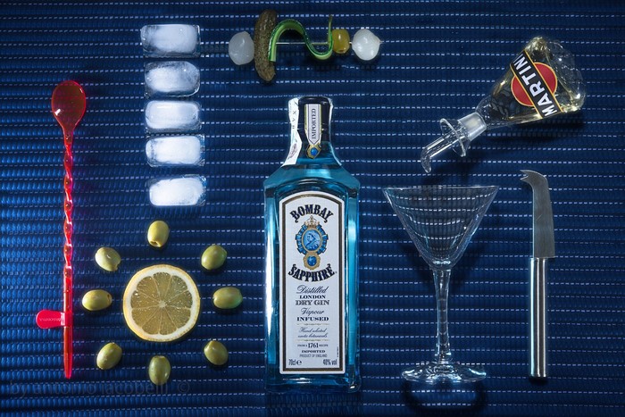 Bombay Sapphire Gin with Martini Vermouth and Cocktail Garnishes