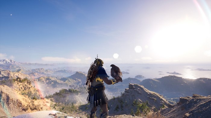 Alexios from Assassin's Creed: Odyssey with a bird on a mountain