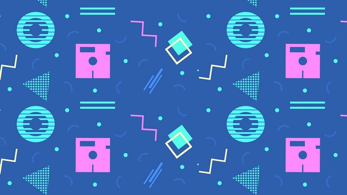 Retro technology pattern with floppy disks and geometric shapes