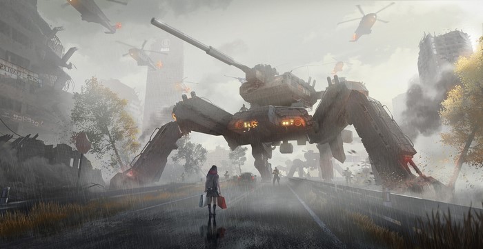 Giant mech and helicopters in a rainy, ruined city