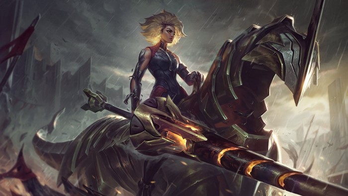 Rell from League of Legends on a mechanical steed