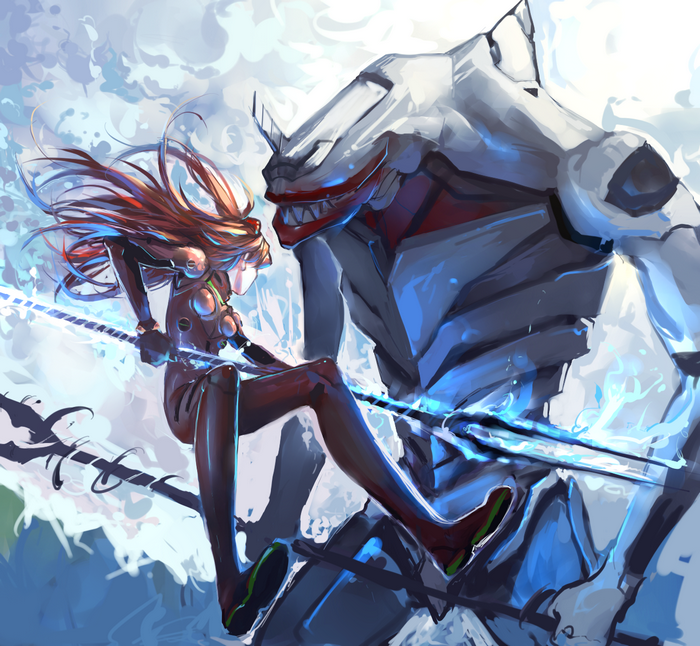 Asuka Langley Soryu fighting an EVA Series unit with Spear of Longinus