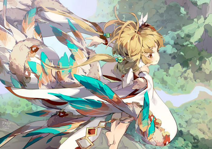 Anime girl with large feathered wings and flowing hair
