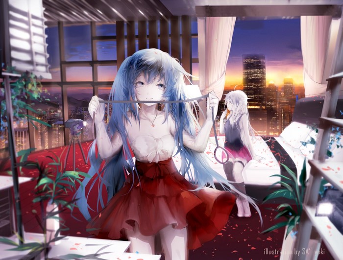 Hatsune Miku and IA from Vocaloid in a room overlooking a cityscape at sunset