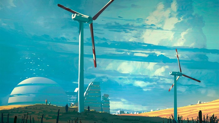 Wind turbines and futuristic dome under a cloudy sky