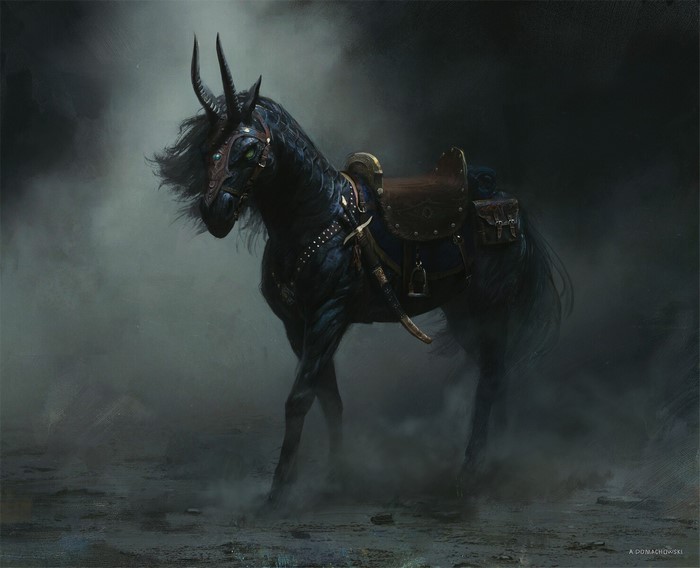 Dark fantasy horse with horns and saddle