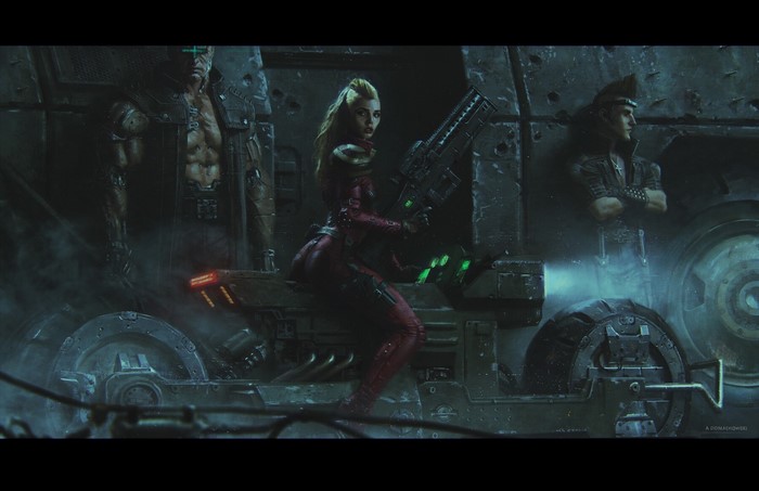 Cyberpunk characters in a futuristic vehicle