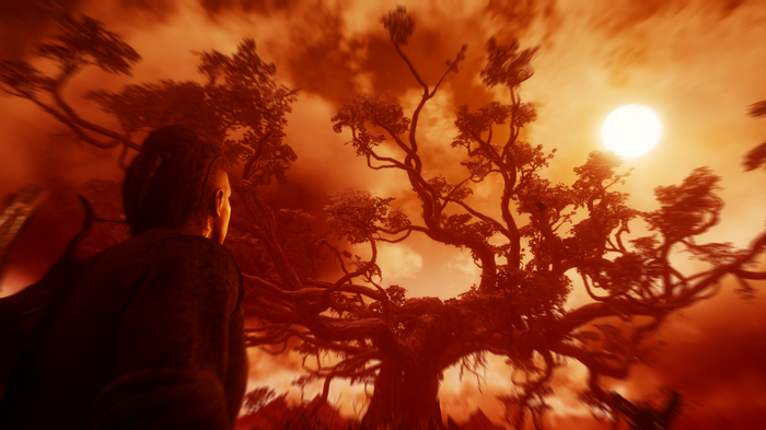 Assassin's Creed Valhalla: Eivor and a large tree under a red sun
