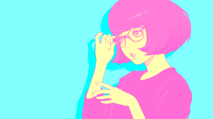 Anime girl with pink hair and glasses