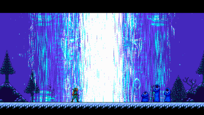 A ninja stands before a glowing waterfall in The Messenger