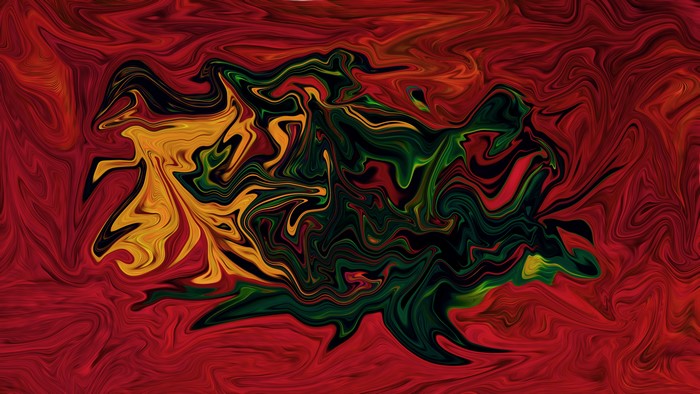 Abstract fluid artwork with red, yellow, and green colors