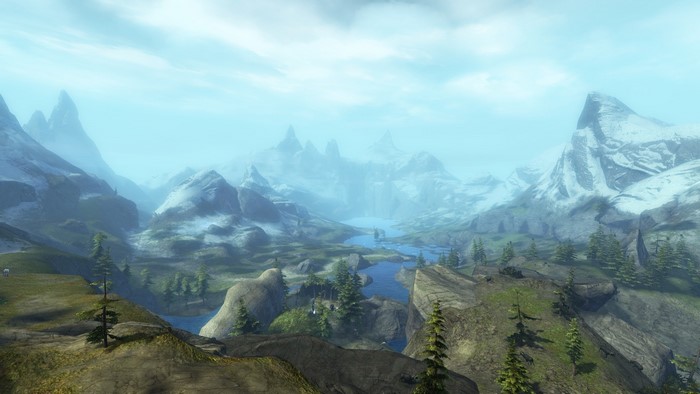 Guild Wars 2 landscape with snowy mountains and river
