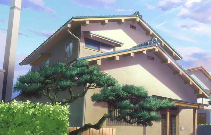 Anime house with pine tree and bushes