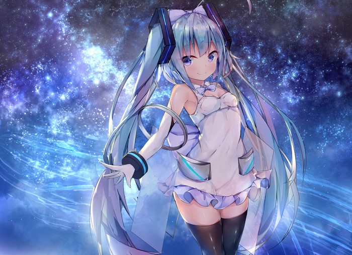 Hatsune Miku in a white minidress against a starry background
