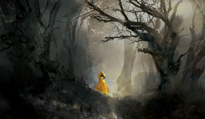 Girl in yellow raincoat in a dark forest