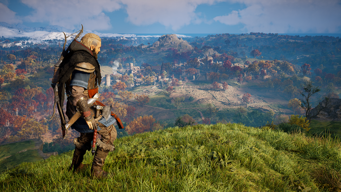 Eivor from Assassin's Creed Valhalla overlooking a landscape