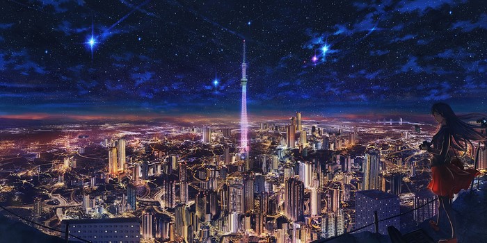Anime girl overlooking a starry cityscape at night