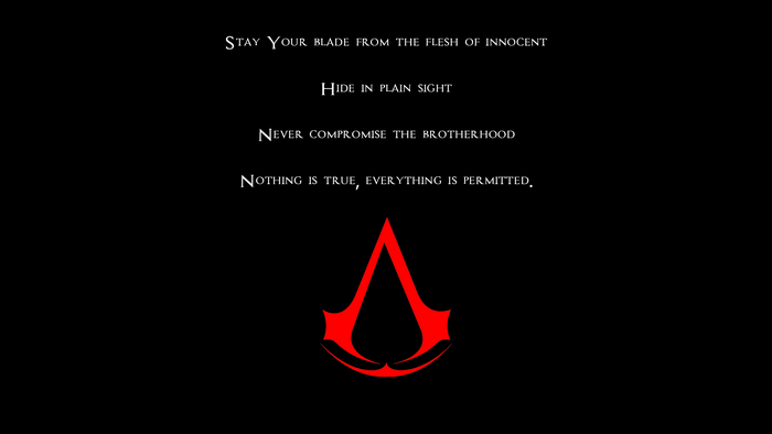 Assassin's Creed tenets and symbol on black background