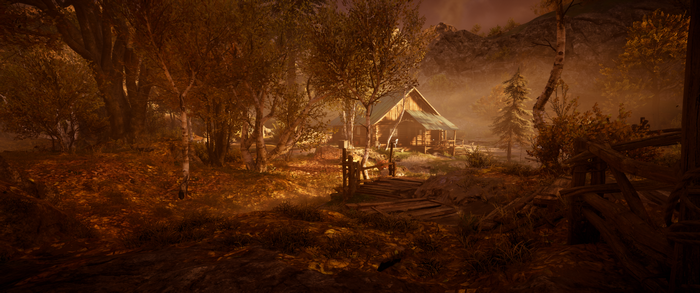 Assassin's Creed Valhalla landscape with a cabin