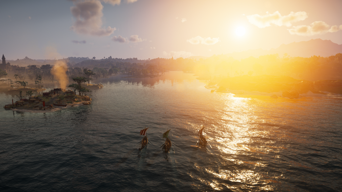 Assassins Creed Valhalla landscape with boats and island settlement