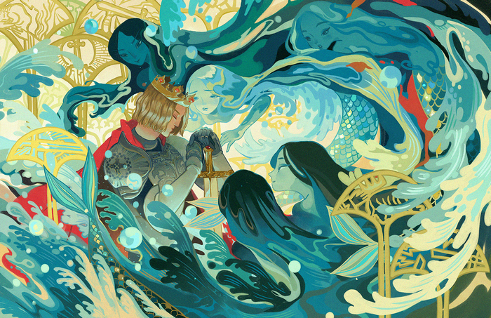 King and mermaids in a swirling blue water scene