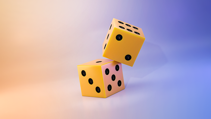 Two yellow dice on a gradient background