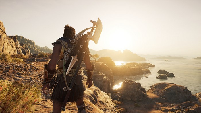 Alexios from Assassin's Creed: Odyssey on a rocky coast