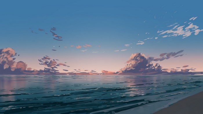 Anime style seascape with clouds at sunset