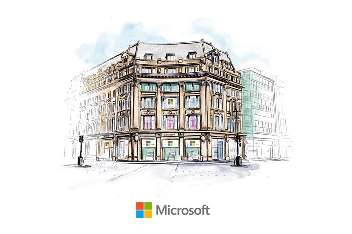 Microsoft Store building illustration with logo