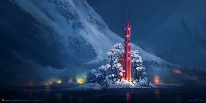 Winter tower in a snowy landscape at night