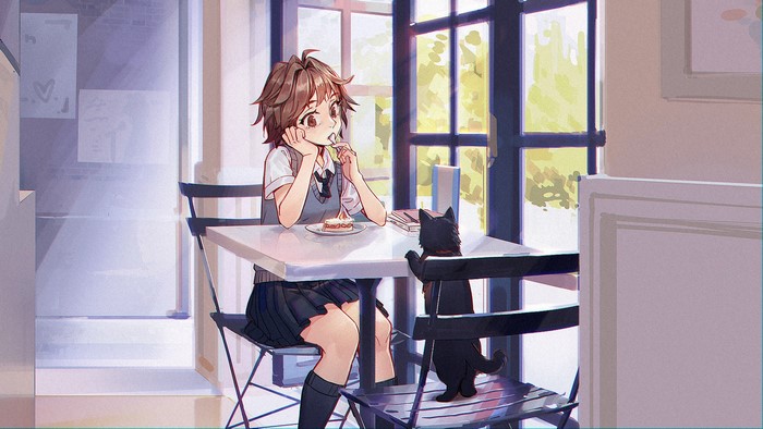 Girl in school uniform eating cake with a cat