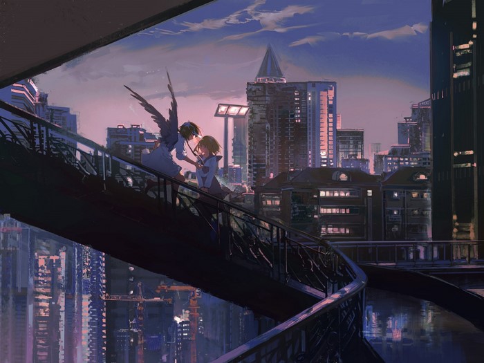 Anime girls with wings on a city bridge at sunset