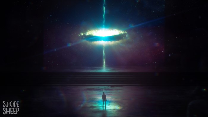 4K space scene with a person and a light beam