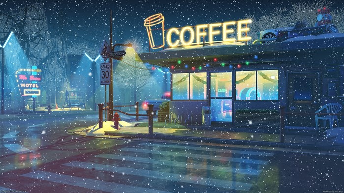 Winter Night Coffee Shop with Neon Sign