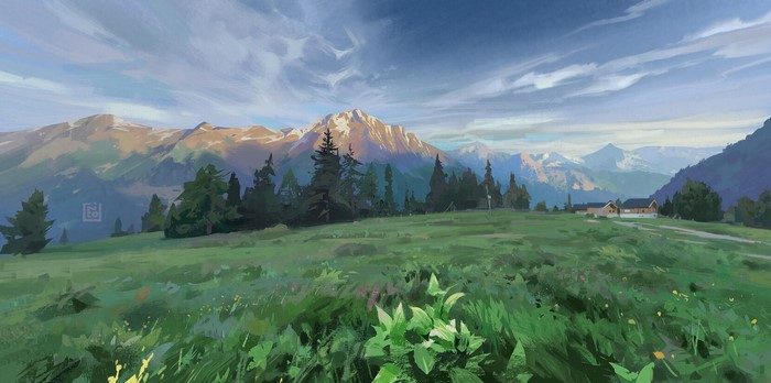 Painting of a mountain landscape with houses and trees