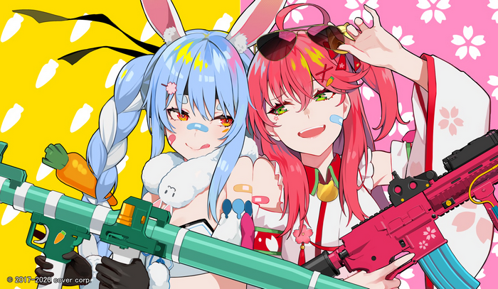 Usada Pekora and Sakura Miko with weapons