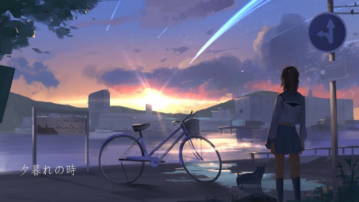 Anime girl and bicycle by the water at sunset
