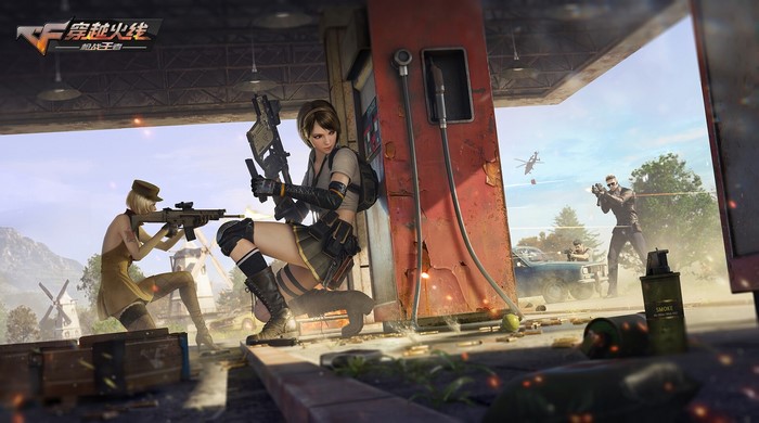 Women fighting at a gas station with assault rifles