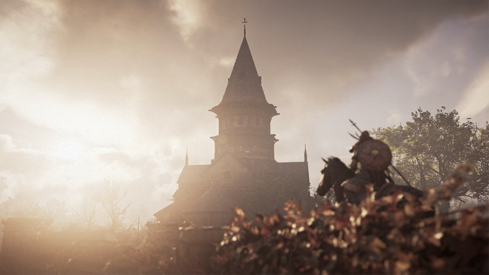 Assassin's Creed Valhalla: Viking warrior near a church